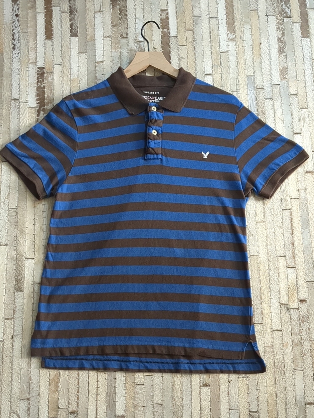 Vintage Y2K American Eagle Outfitters Men's L Brown Blue Striped Polo